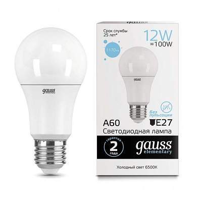 Gauss Elementary ЛОН A60 E27 12W(1170lm) 6500K 6K 108x60 матовая, пластик/алюм. 23232 (арт. 641383)