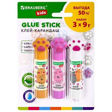 Клей-карандаш "Лапки" Cat Paw, 9 г, фигурный колпачок, 3 шт. на блистере, BRAUBERG KIDS, 271982 (арт. 271982)