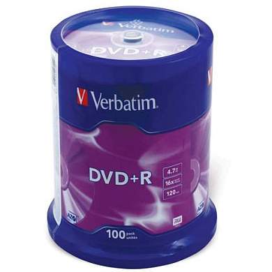 Диски DVD+R (плюс) VERBATIM 4,7 Gb 16x Cake Box (упаковка на шпиле), КОМПЛЕКТ 100 шт., 43551 (арт. 510259)