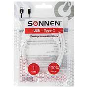 Кабель USB2.0-Type-C, 1 м, SONNEN, медь, для передачи данных и зарядки, белый, 513558 (арт. 513558)