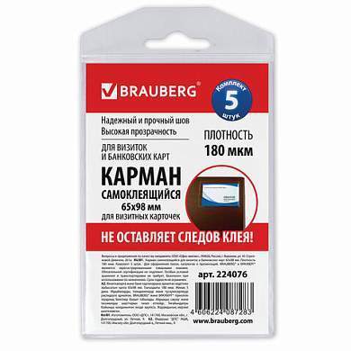 Карманы самоклеящиеся под визитные карточки (65х98 мм), КОМПЛЕКТ 5 шт., BRAUBERG, 224076 (арт. 224076)