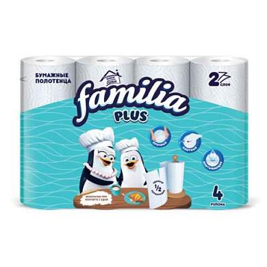 Полотенца бумажные быт., спайка 4 шт., 2-слойные (4х12 м), FAMILIA PLUS, 23x12,5см, б, 5083816 (арт. 118571)