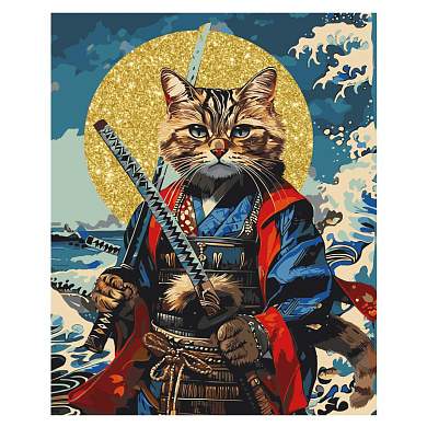Картина по номерам на холсте с глиттером ТРИ СОВЫ "Кот-самурай", 40*50, с акриловыми красками и кистями (арт. 363891)