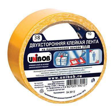 Клейкая двухсторонняя лента 38 мм х 10 м, ПОЛИПРОПИЛЕНОВАЯ ОСНОВА, UNIBOB, 38566 (арт. 600017)