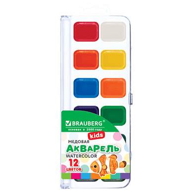Краски акварельные BRAUBERG KIDS NEW, медовые, 12 цветов, квадратные кюветы, пластиковый пенал с европодвесом, 192796 (арт. 192796)