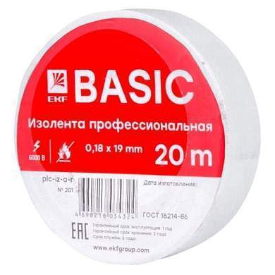 EKF Basic Изолента ПВХ 19/20 белая, класс А (профессиональная) 0.18х19 мм, 20 м plc-iz-a-w (арт. 458543)