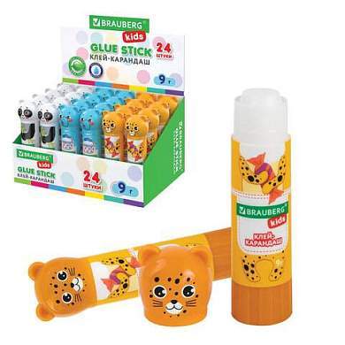 Клей-карандаш "Зверята: панда, слон, леопард", 9 г, фигурный колпачок, BRAUBERG KIDS, 271139 (арт. 271139)