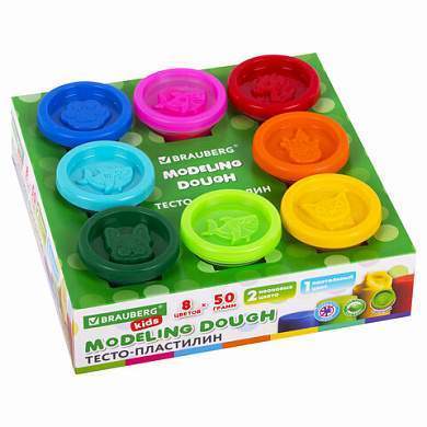 Пластилин-тесто для лепки BRAUBERG KIDS, 8 цветов, 400 г, яркие классические цвета, крышки-штампики, 106720 (арт. 106720)