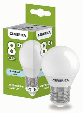 GENERICA шар G45 E27 8W(800lm) 6500K 6K 45x81 матов. LL-G45-08-230-65-E27-G (арт. 828003)