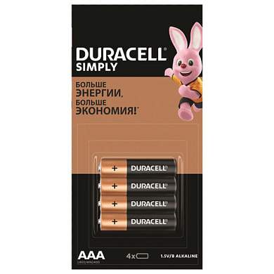 Батарейки КОМПЛЕКТ 4 шт. (отрывной блок), DURACELL Simply ОРИГИНАЛ, AAA (LR03,24А), алкалиновые, мизинчиковые, Б0046869 (арт. 455044)