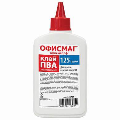 Клей ПВА ОФИСМАГ (бумага, картон, дерево), 125 г, РОССИЯ, 225761 (арт. 225761)