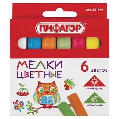 Мел цветной квадратный 6 штук, ПИФАГОР, картонная упаковка, европодвес, 221979 (арт. 221979)
