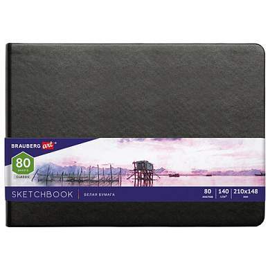 Скетчбук, белая бумага 140 г/м2 210х148 мм, 80 л., КОЖЗАМ, резинка, BRAUBERG ART CLASSIC, черный, 113182 (арт. 113182)