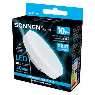 Лампа светодиодная SONNEN EXTRA, 10 (90) Вт, GX53, таблетка, холодный белый, 30000 ч, LED 10W-6500-GX53, 457932 (арт. 457932)