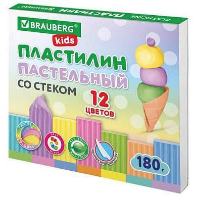 Пластилин классический пастельные цвета BRAUBERG KIDS, 12 цветов, 180 грамм, стек, 106681 (арт. 106681)
