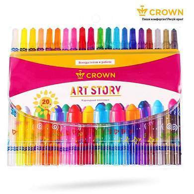 Карандаши восковые Crown "ArtStory", 20цв., выкручивающийся стержень, ПВХ, европодвес (арт. 225401)
