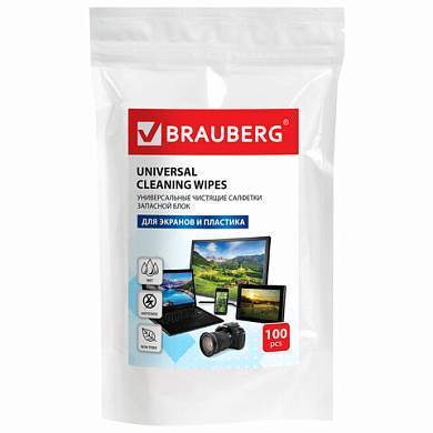 Салфетки для экранов всех типов и пластика (запасной блок) BRAUBERG, пакет 100 шт., влажные, 511685 (арт. 511685)
