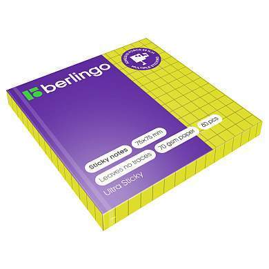 Самоклеящийся блок Berlingo "Ultra Sticky", 75*75мм, 80л., в клетку, зеленый неон (арт. 287190)