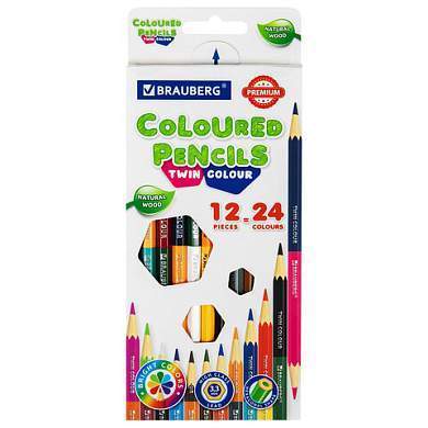 Карандаши цветные двусторонние BRAUBERG PREMIUM TWIN COLOUR, 12 штук, 24 цвета, шестигранные, грифель 3,3 мм, натуральное дерево, 181874 (арт. 181874)