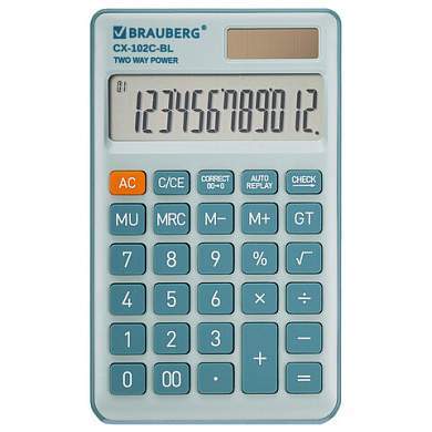 Калькулятор карманный BRAUBERG CX-102C-BL (76x126 мм), 12 разрядов, двойное питание, ГОЛУБОЙ, 272649 (арт. 272649)