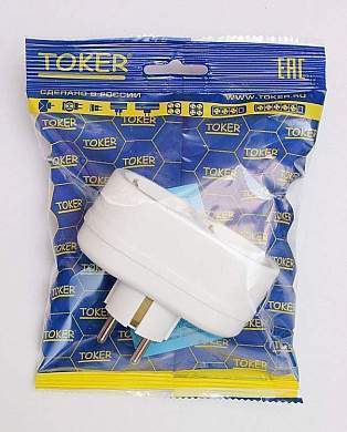 Toker 2Т2 Разветвитель 2 Роз. 16А Белый, Земля (Линейный) Инд. Уп-Ка (арт. 12350)