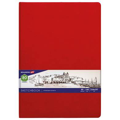 Скетчбук, слоновая кость 140 г/м2 210х297 мм, 80 л., КОЖЗАМ, резинка, BRAUBERG ART CLASSIC, красный, 113199 (арт. 113199)