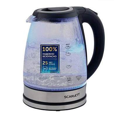 Чайник SCARLETT SC-EK27G88, 1,8 л, 1800 Вт, закрытый нагревательный элемент, стекло, черный (арт. 457207)