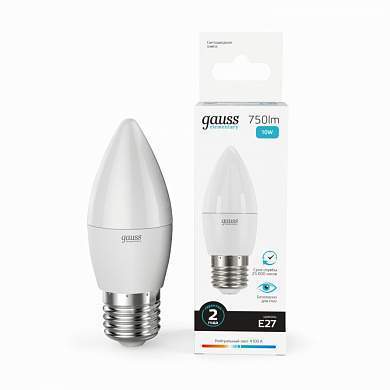 Gauss Elementary лампа Свеча E27 10W(750lm) 4100K 4K 98x37 матов., пластик 30220 (арт. 795508)