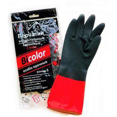 Перчатки МНОГОРАЗОВЫЕ латексные BiColor черно-красные, хлопчатобумажное напыление, размер S (маленький), вес 60 г, КП, 139468 (арт. 609360)