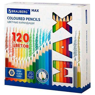 Карандаши цветные супермягкие яркие классические BRAUBERG MAX 120 цветов, шестигранные, натуральное дерево, грифель 3,3 мм, 182006 (арт. 182006)