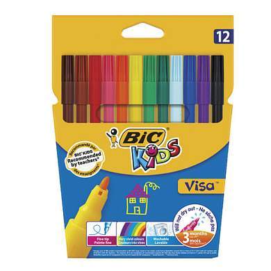 Фломастеры BIC "Kids Visa", 12 ЦВЕТОВ, суперсмываемые, вентилируемый колпачок, европодвес, 889695, 888695 (арт. 150357)