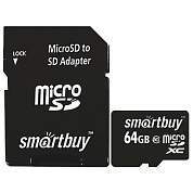 Карта памяти micro SDXC, 64 GB, SMARTBUY, 10 Мб/сек. (class 10), с адаптером, SB64GBSDCL10-01 (арт. 512808)