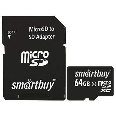 Карта памяти micro SDXC, 64 GB, SMARTBUY, 10 Мб/сек. (class 10), с адаптером, SB64GBSDCL10-01 (арт. 512808)