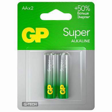 Батарейки КОМПЛЕКТ 2 шт., GP Super, AA (LR6, 15А), алкалиновые, пальчиковые, блистер, 15A-2CR2 (арт. 456683)