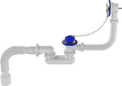 Aquant Сифон для ванны 1 1/2''х40 плоский регулир., выпуск, перелив, мет.реш.,гиб.тр.40х50,V650-10-MR (арт. 876381)