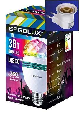Лампа-проектор вращ. с переходником E27 3W RGB Disco Ergolux LED-A75DIS-3W-E27 (арт. 806762)