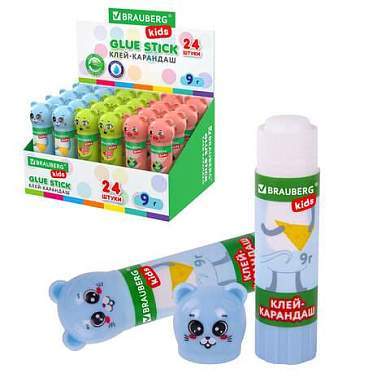 Клей-карандаш "Зверята: кошка, мышка, хрюшка", 9 г, фигурный колпачок, BRAUBERG KIDS, 271138 (арт. 271138)
