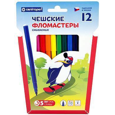 Фломастеры Centropen "Пингвины", 12цв., смываемые, картон, европодвес (арт. 025917)