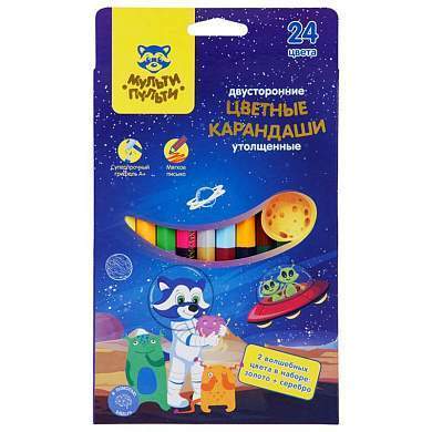 Карандаши цветные Мульти-Пульти "Енот в космосе", 24цв., 12шт., двусторонние, утолщенные, заточен., европодвес (арт. 304694)