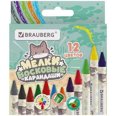 Восковые мелки BRAUBERG "МИЛЫЕ КОТЫ", НАБОР 12 цветов, 273229 (арт. 273229)