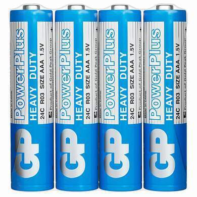 Батарейки КОМПЛЕКТ 4 шт., GP PowerPlus AAA (R03, 24G), солевые, мизинчиковые, в пленке, 24CEBRA-2S4 (арт. 457756)