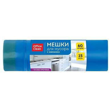 Мешки для мусора 60л OfficeClean ПСД, 60*70см, 30мкм, 15шт., особо прочные, синие, в рулоне, с завязками (арт. 344044)