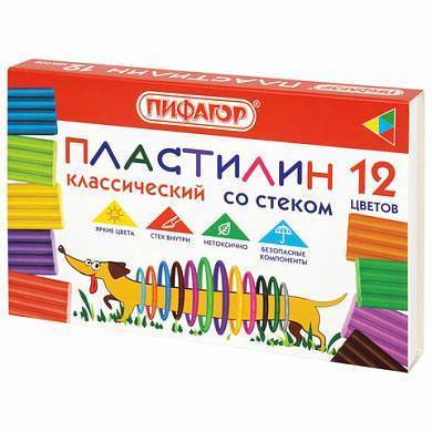 Пластилин классический ПИФАГОР "Веселая такса", 12 цветов, 180 г, СО СТЕКОМ, 106675 (арт. 106675)