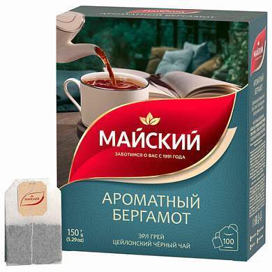 Чай МАЙСКИЙ "Ароматный бергамот" черный цейлонский байховый, 100 пакетиков по 1,5 г, 102627 (арт. 624179)