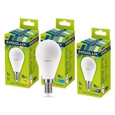 Ergolux шар G45 E14 9W(760lm 220°) 3000K 2K матовая 92x45 пластик/алюм. LED-G45-9W-E14-3K (арт. 659302)