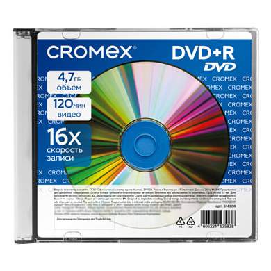 Диск DVD+R CROMEX (КРОМЕКС), 4,7 Gb, 16x, Slim Case, 1 шт., 514308 (арт. 514308)