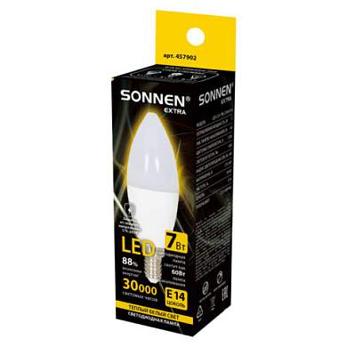 Лампа светодиодная SONNEN EXTRA, 7 (60) Вт, Е14, свеча, теплый белый, 30000 ч, LED C37-7W-2700-Е14, 457902 (арт. 457902)