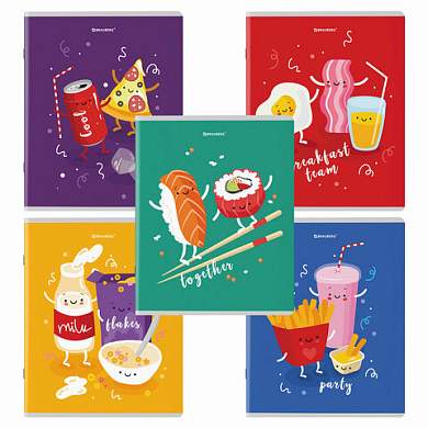 Тетради КОМПЛЕКТ 5 шт. А5, 48 л., BRAUBERG скоба, клетка, TWIN лак, "Funny Food", 404397 (арт. 404397)
