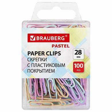 Скрепки BRAUBERG PASTEL, 28 мм, пастельные цвета, 100 шт., в пластиковой коробке, 271956 (арт. 271956)