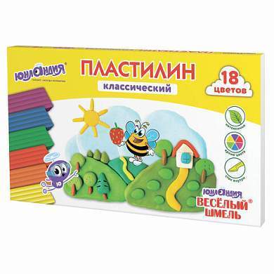 Пластилин классический ЮНЛАНДИЯ "ВЕСЁЛЫЙ ШМЕЛЬ", 18 цветов, 360 грамм, стек, ВЫСШЕЕ КАЧЕСТВО, 106432 (арт. 106432)